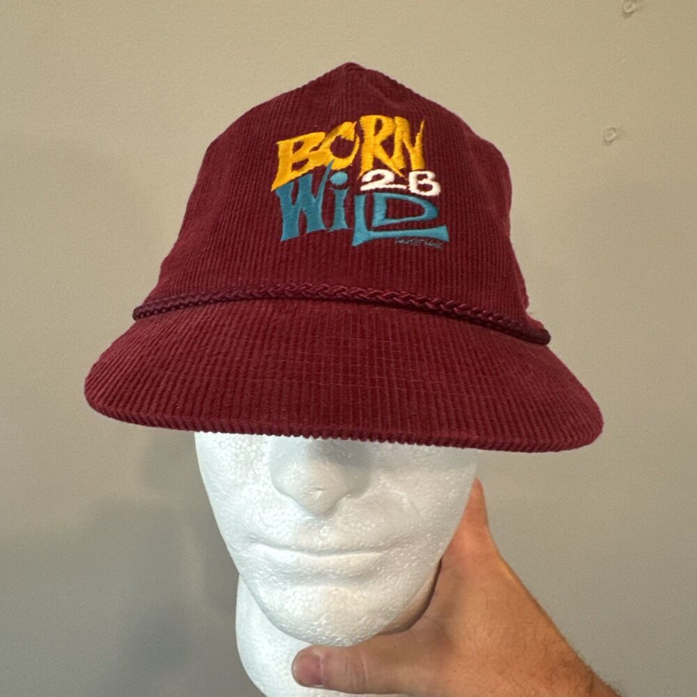 Unworn Vintage BORN 2B WILD Corduroy Roap SnapBack Hat KC Burgundy 90s Style Cap